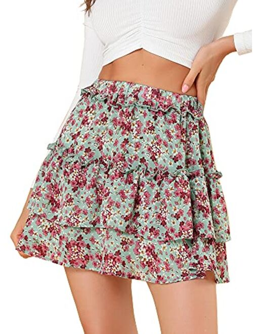 Allegra K Women's Layered Ruffle Hem Elastic Waist A-Line Skater Floral Mini Skirt