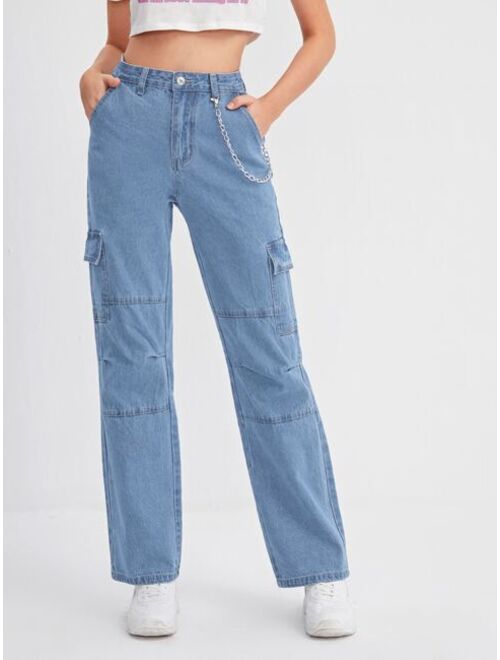 SHEIN High Waist Chain Detail Cargo Jeans