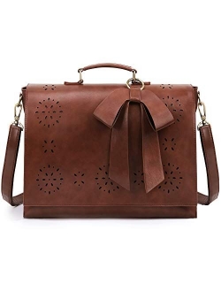 Women's Briefcase Vegan Leather 15.6 inch Laptop Bag for School Shoulder Computer Satchel Bag with Detachable Bow, Light Brown