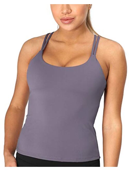 icyzone Padded Workout Tank Tops for Women - Strappy Yoga Crop Tops with Built in Bra 2 in 1