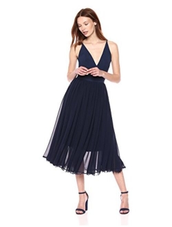 Dress the Population Women's Alicia Plunging Mix Media Sleeveless Fit and Flare Midi Dress