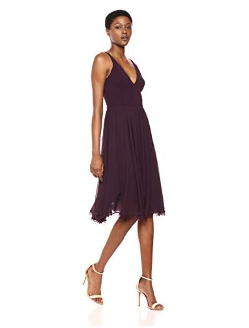 Dress the Population Women's Alicia Plunging Mix Media Sleeveless Fit and Flare Midi Dress