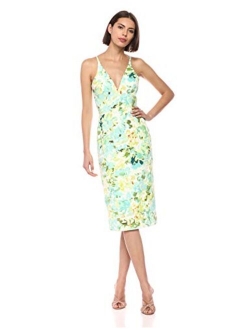 Dress the Population Women's Lyla Plunging Sleeveless Fitted Midi Sheath Dress