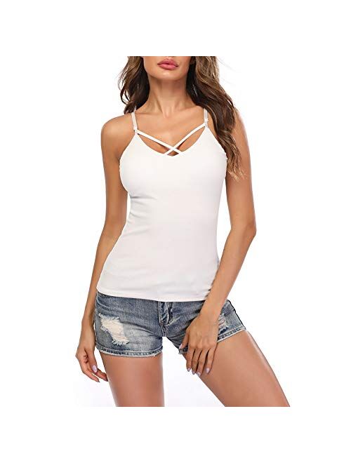 KIWI RATA Camisoles for Women with Built in Bra,Criss Cross Cami Top,Padded Tank Tops for Yoga,Cotton Vest