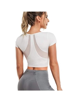 TrainingGirl Women's Slim Fit Workout Tops Mesh Back Yoga Crop Tops Short Sleeve Athletic Gym Fitness Shirt with Built in Bra