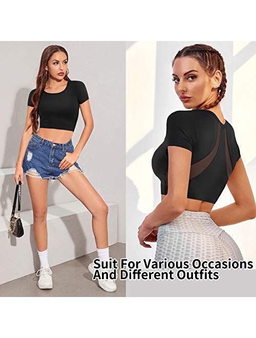 TrainingGirl Women's Slim Fit Workout Tops Mesh Back Yoga Crop Tops Short Sleeve Athletic Gym Fitness Shirt with Built in Bra