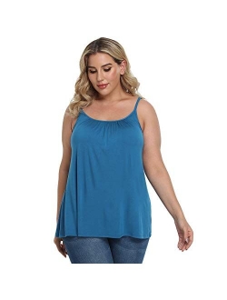 Women's Cami with Built in Bra Cup Casual Flowy Swing Pleated Tank Top with Adjustable Strap (S-4XL)