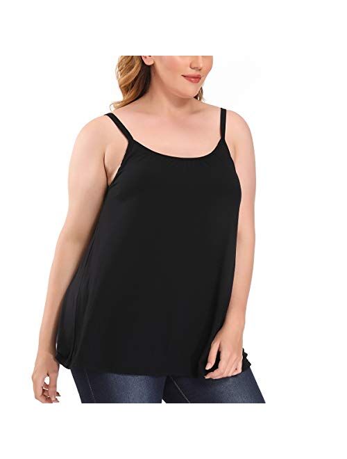 Women's Cami with Built in Bra Cup Casual Flowy Swing Pleated Tank Top with Adjustable Strap (S-4XL)