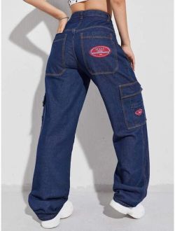 Patched Detail Flap Pocket Wide Leg Jeans