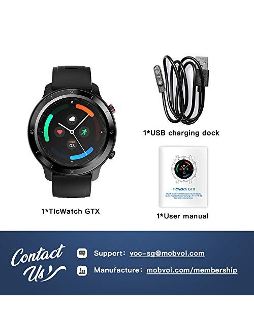 TicWatch GTX Fitness Smartwatch, Up to 10 Days Battery Life, Heart Rate Monitoring, Sleep Tracking, IP68 Swimming Waterproof Smart Watch