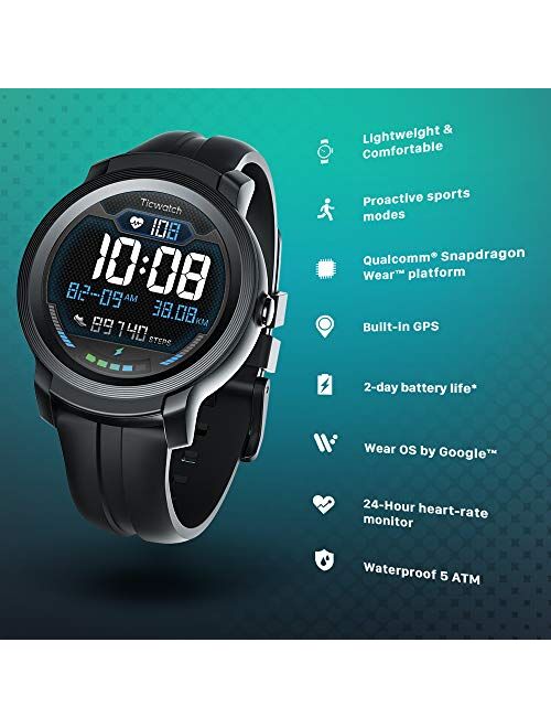 TicWatch E2 smartwatch with Built-in GPS 5ATM Waterproof 24h Heart Rate Monitoring Wear OS by Google Watch iOS and Android Compatible