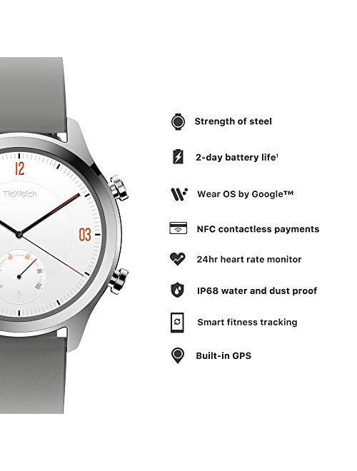 TicWatch C2 Smart Watch Classic Design Fashion smartwatch with All Day Heart Rate, GPS, NFC, Notifications and Alert, Compatible with Android and iOS (Platinum)