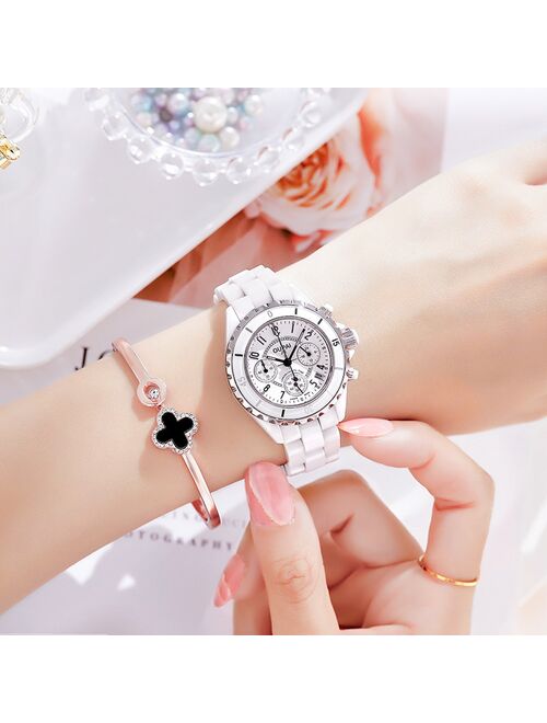 2021 New Arrival White Ceramic Watch Women Quartz Chronograph Function Waterproof Luminous Sports Watch Lady J12 Design