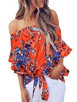 Womens Summer Floral Printed Off The Shoulder Tops 3 4 Flare Sleeve Tie Knot T-Shirt Blouses