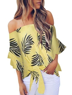 Womens Summer Floral Printed Off The Shoulder Tops 3 4 Flare Sleeve Tie Knot T-Shirt Blouses