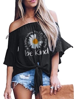 Womens Summer Floral Printed Off The Shoulder Tops 3 4 Flare Sleeve Tie Knot T-Shirt Blouses