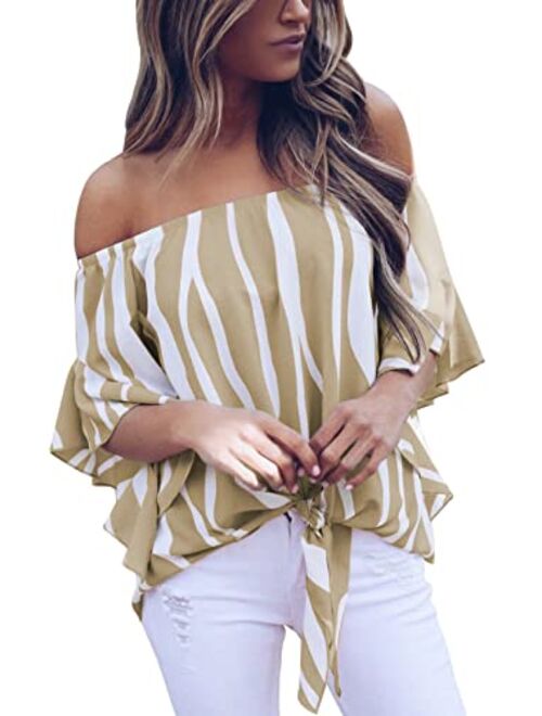 Asvivid Womens Summer Floral Printed Off The Shoulder Tops 3 4 Flare Sleeve Tie Knot T-Shirt Blouses