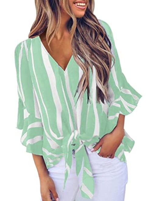 Asvivid Womens Summer Floral Printed Off The Shoulder Tops 3 4 Flare Sleeve Tie Knot T-Shirt Blouses