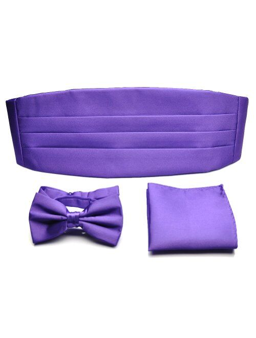 PenSee Mens Formal Solid Pre-tied Bow Tie & Pocket Square & Cummerbund Set