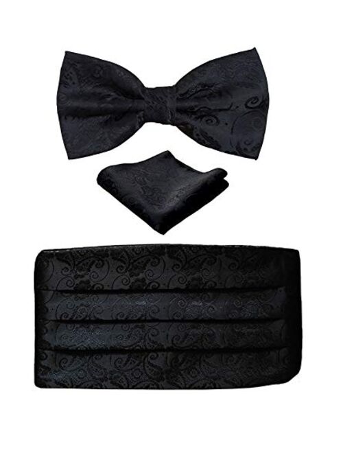 Simpowe Mens Matching Paisley Pocket Square Bow Tie and Cummerbund Set