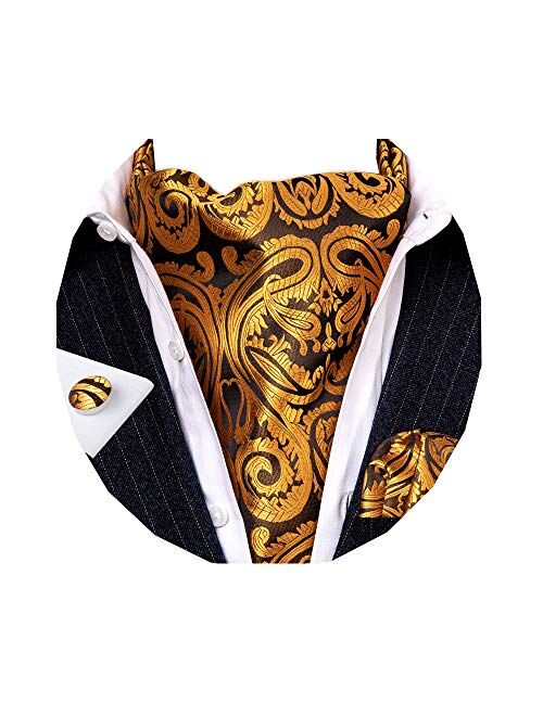 Barry.Wang Mens Cravat Tie Silk Ascot Paisley Scarf Self Ties Pocket Square Cufflinks Set Dress Wedding