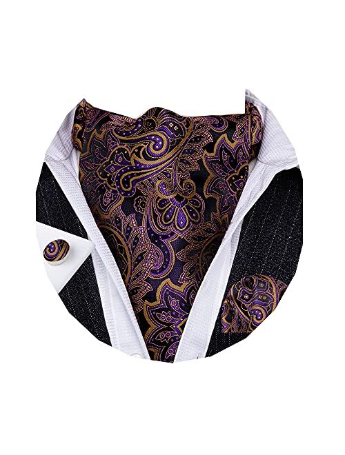 Barry.Wang Mens Cravat Tie Silk Ascot Paisley Scarf Self Ties Pocket Square Cufflinks Set Dress Wedding