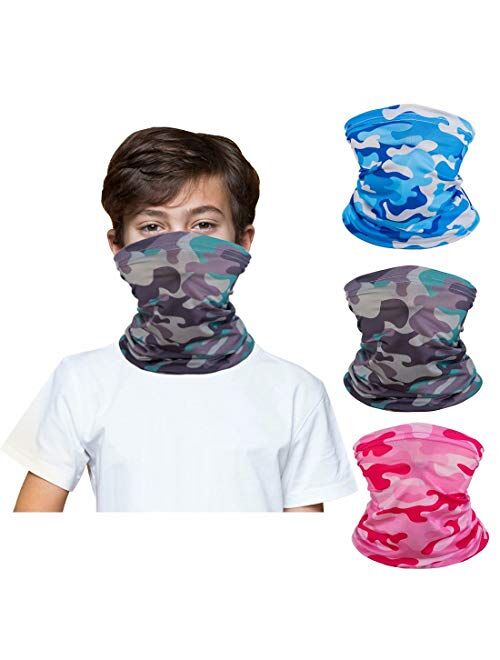 [3 Pack] Kids Face Bandanas Neck Gaiter, Reusable Mask Scarf Washable Fabric Cloth Balaclava for 3-12 Years Boys Girls