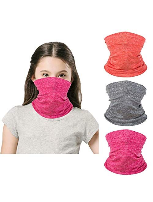 [3 Pack] Kids Face Bandanas Neck Gaiter, Reusable Mask Scarf Washable Fabric Cloth Balaclava for 3-12 Years Boys Girls