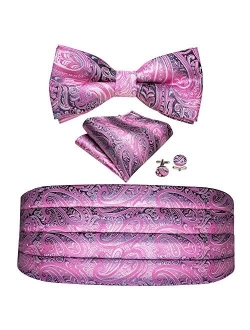 Barry.Wang Men Paisley Cummerbund and Pre-tied Bow Tied with Pocket Square Silk Satin Belt