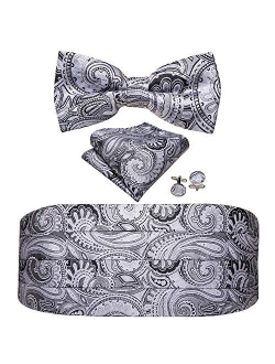 Barry.Wang Men Paisley Cummerbund and Pre-tied Bow Tied with Pocket Square Silk Satin Belt