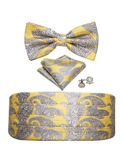 Barry.Wang Men Paisley Cummerbund and Pre-tied Bow Tied with Pocket Square Silk Satin Belt