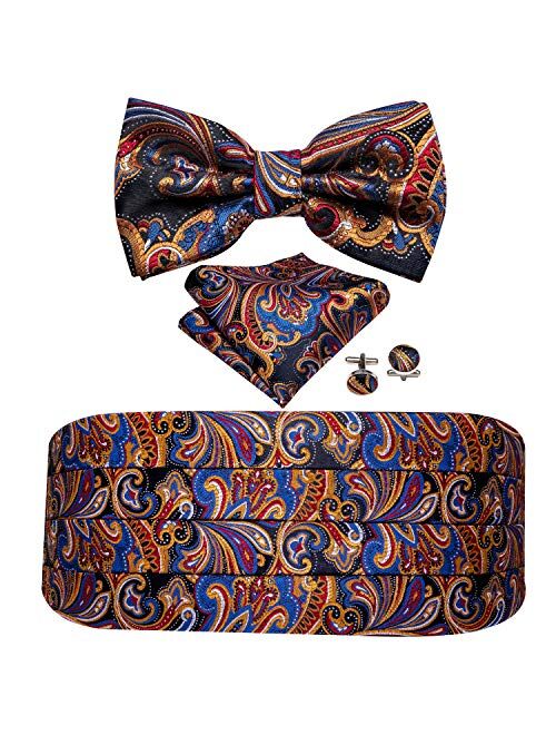 Barry.Wang Men Paisley Cummerbund and Pre-tied Bow Tied with Pocket Square Silk Satin Belt