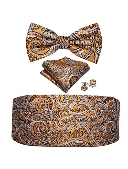 Barry.Wang Men Paisley Cummerbund and Pre-tied Bow Tied with Pocket Square Silk Satin Belt