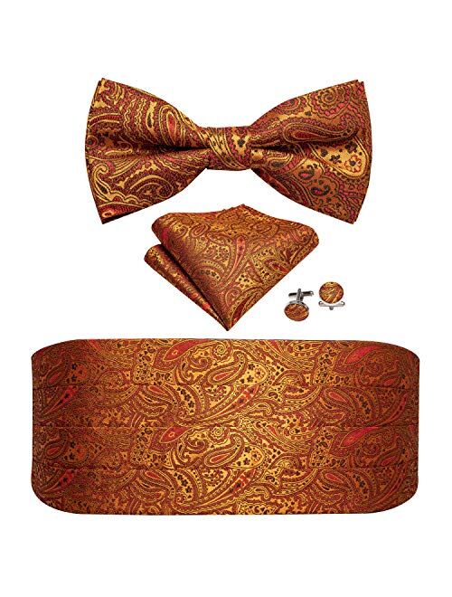 Barry.Wang Men Paisley Cummerbund and Pre-tied Bow Tied with Pocket Square Silk Satin Belt