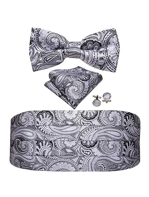 Barry.Wang Men Paisley Cummerbund and Pre-tied Bow Tied with Pocket Square Silk Satin Belt