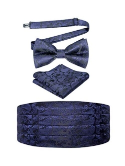 Alizeal Mens Paisley/Solid Pre-tied Party Adjustable Bow Tie, Cummerbund and Pocket Square Gift Set