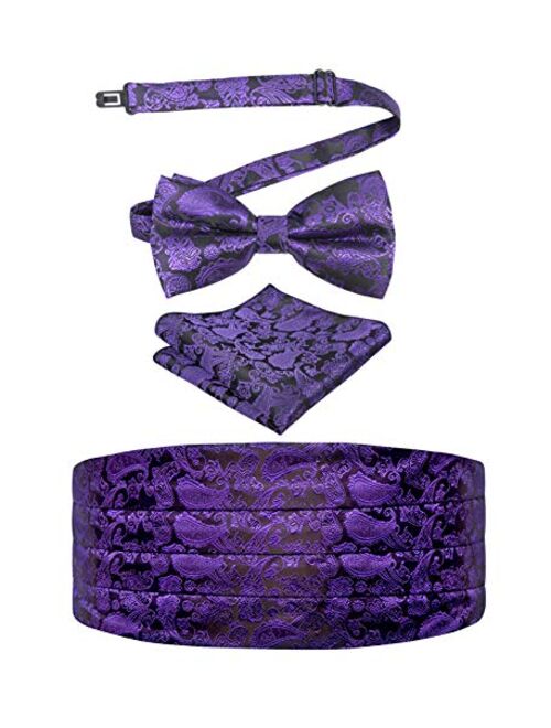 Alizeal Mens Paisley/Solid Pre-tied Party Adjustable Bow Tie, Cummerbund and Pocket Square Gift Set