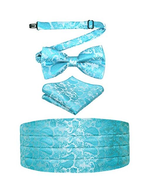 Alizeal Mens Paisley/Solid Pre-tied Party Adjustable Bow Tie, Cummerbund and Pocket Square Gift Set