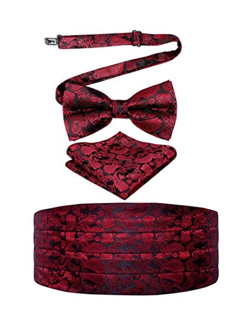 Alizeal Mens Paisley/Solid Pre-tied Party Adjustable Bow Tie, Cummerbund and Pocket Square Gift Set