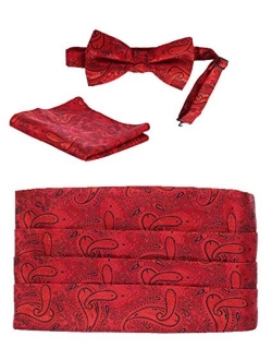 Men's Adjustable Satin And Paisley Cummerbund Set With Formal Bow Tie and Pocket Square