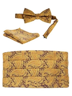 Men's Adjustable Satin And Paisley Cummerbund Set With Formal Bow Tie and Pocket Square