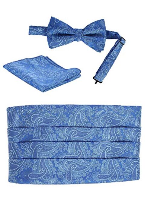 Gioberti Men's Adjustable Satin And Paisley Cummerbund Set With Formal Bow Tie and Pocket Square