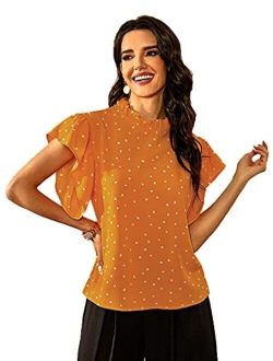 Polyester POlka Dot High Neck Short Sleeve Top