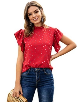 Polyester POlka Dot High Neck Short Sleeve Top