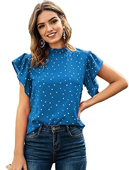 Shein Polyester POlka Dot High Neck Short Sleeve Top