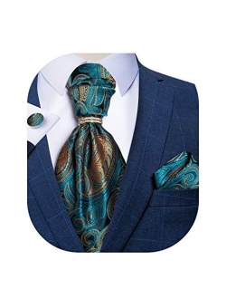 DiBanGu Paisley Cravat for Men, 4 PCS Woven Ascot Tie Pocket Square Cufflinks with Tie Ring Set