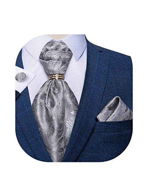 DiBanGu Paisley Cravat for Men, 4 PCS Woven Ascot Tie Pocket Square Cufflinks with Tie Ring Set