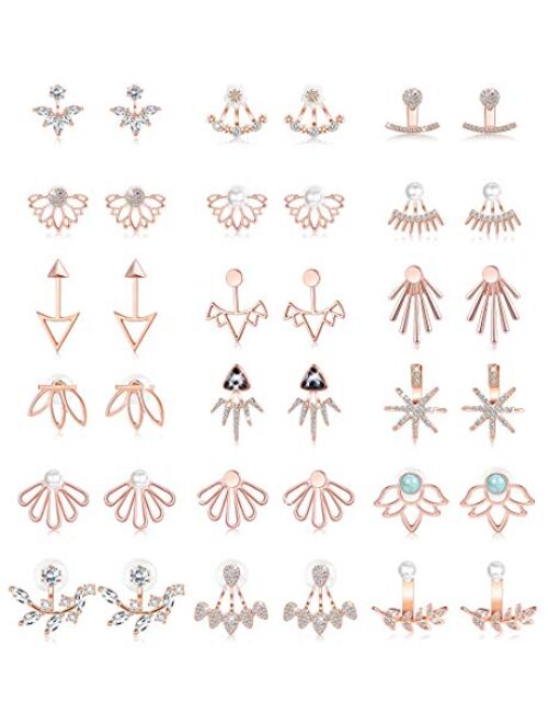 Jstyle 18 Pairs Lotus Flower Earrings Jackets for Women Studs Earring CZ Pearl Stud Earrings Hollow Chic Earrings Set