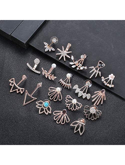 Jstyle 18 Pairs Lotus Flower Earrings Jackets for Women Studs Earring CZ Pearl Stud Earrings Hollow Chic Earrings Set