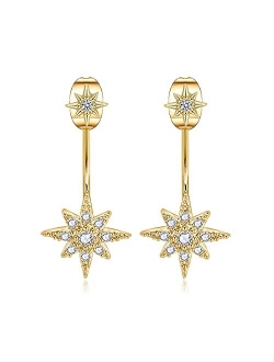 Gold Ear Jacket Earrings for Women 14K Real Gold Plated Earring Jackets Star Teardrop Stud Earrings Cubic Zirconia Diamond Celestial Starburst Front and Back Earrings